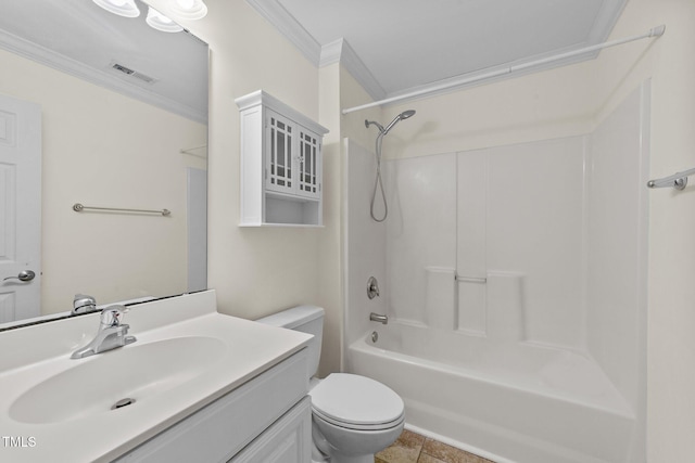 full bathroom featuring visible vents, toilet, ornamental molding, vanity, and shower / tub combination