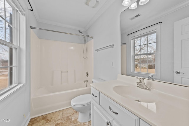 full bathroom with toilet, visible vents, crown molding, and vanity