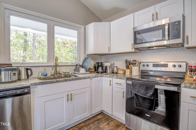 kitchen featuring stainless steel appliances, dark wood-style flooring, a sink, vaulted ceiling, and tasteful backsplash