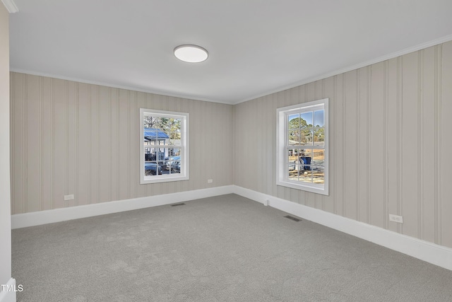 carpeted spare room with a healthy amount of sunlight, visible vents, and baseboards