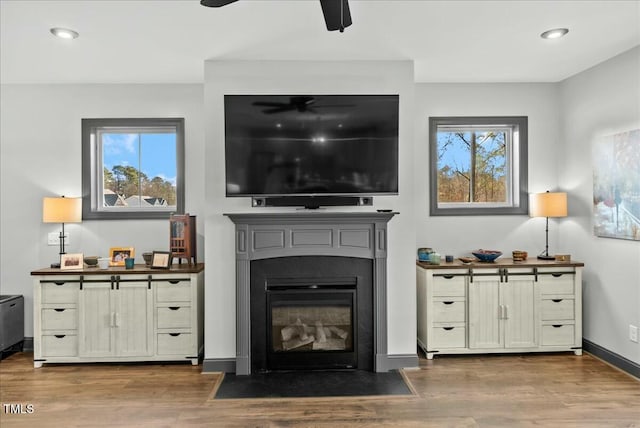 living area featuring a fireplace with flush hearth, baseboards, a wealth of natural light, and wood finished floors