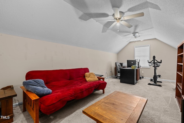 interior space featuring baseboards, vaulted ceiling, a textured ceiling, and carpet flooring