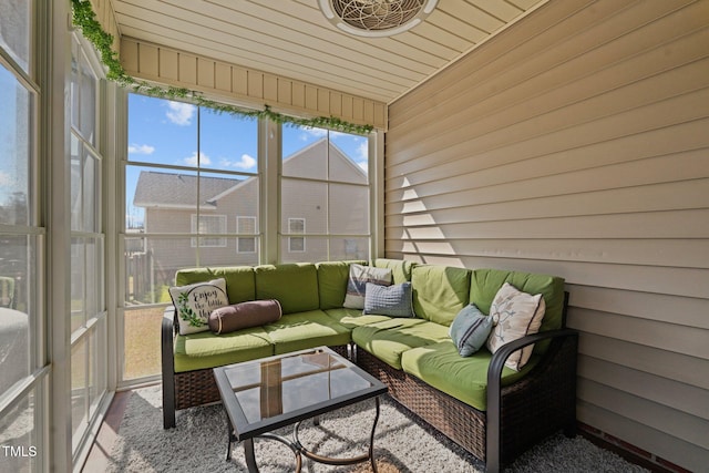 sunroom with wooden ceiling