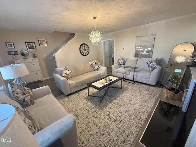 living area featuring arched walkways, wood finished floors, crown molding, a textured ceiling, and a notable chandelier