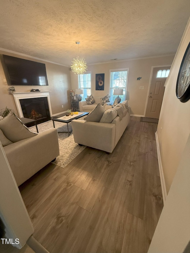 living area with a textured ceiling, ornamental molding, dark wood-type flooring, and a fireplace