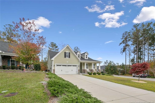 view of front of house featuring stone siding, a porch, a front lawn, and concrete driveway