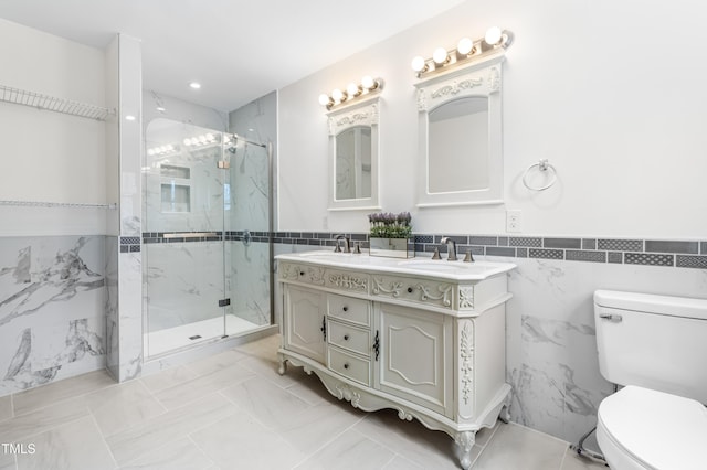 full bathroom featuring toilet, a marble finish shower, and tile walls