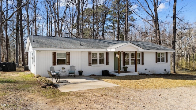 ranch-style home featuring crawl space, brick siding, a patio, and dirt driveway