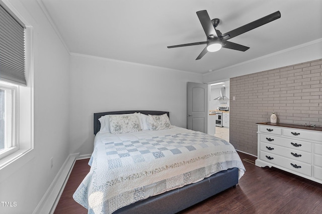 bedroom featuring brick wall, crown molding, and dark wood-style flooring