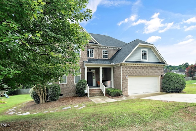 view of front of house with concrete driveway, roof with shingles, covered porch, a front yard, and brick siding