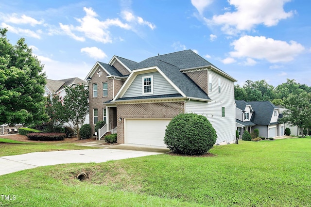 view of front of home featuring a garage, brick siding, concrete driveway, roof with shingles, and a front lawn