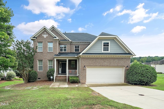 view of front of house with a porch, concrete driveway, brick siding, and a front lawn