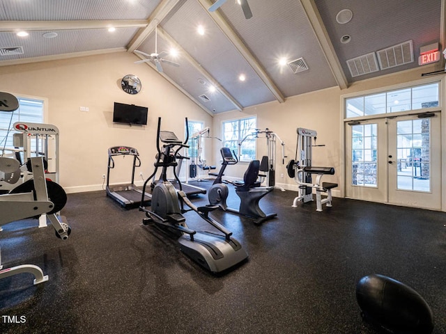 workout area featuring high vaulted ceiling, baseboards, visible vents, and french doors