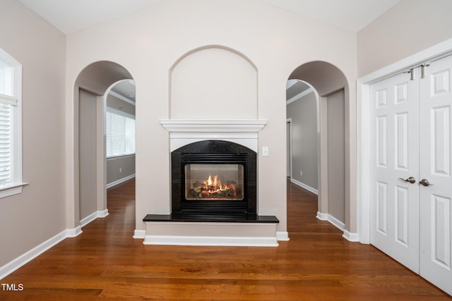 details with wood finished floors, a glass covered fireplace, and baseboards