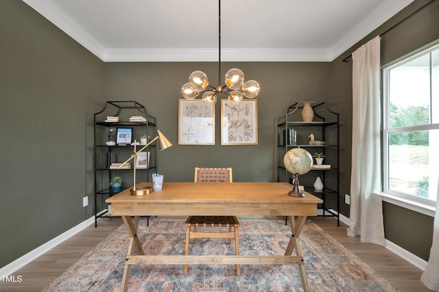 office space featuring ornamental molding, a healthy amount of sunlight, and wood finished floors