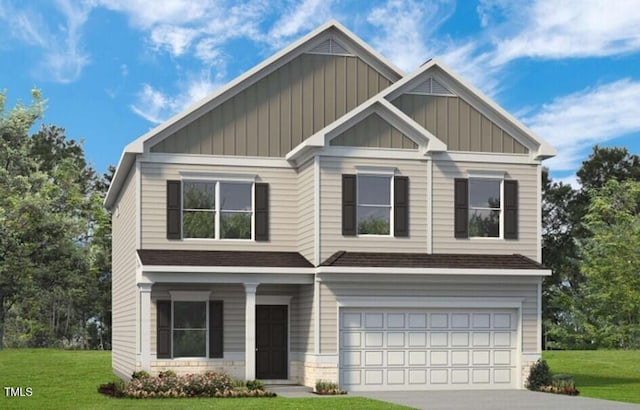 craftsman house with roof with shingles, board and batten siding, a garage, driveway, and a front lawn