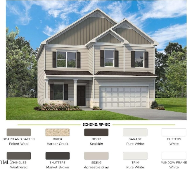 view of front of home featuring driveway, a garage, a front lawn, and board and batten siding