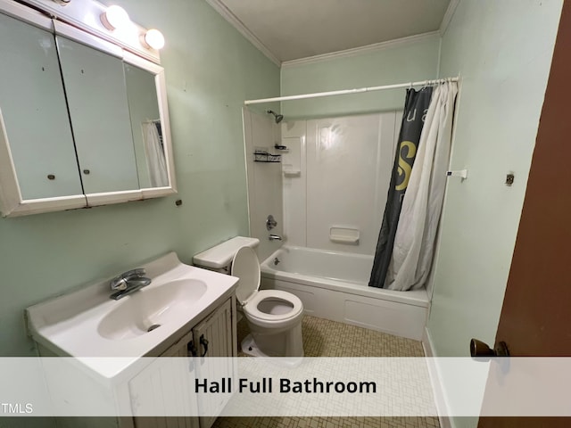 bathroom with vanity, shower / bathtub combination with curtain, tile patterned flooring, crown molding, and toilet