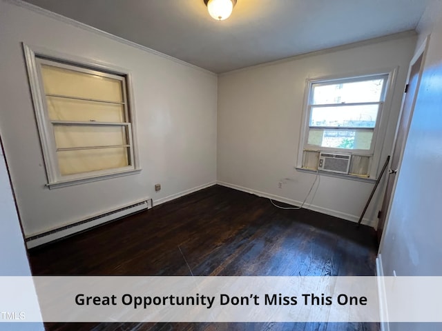 empty room with dark wood finished floors, baseboard heating, cooling unit, and ornamental molding