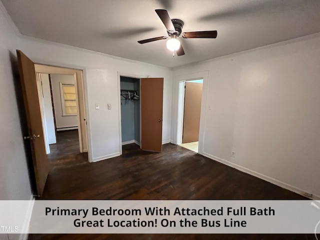 unfurnished bedroom with a closet, ceiling fan, baseboards, and wood finished floors