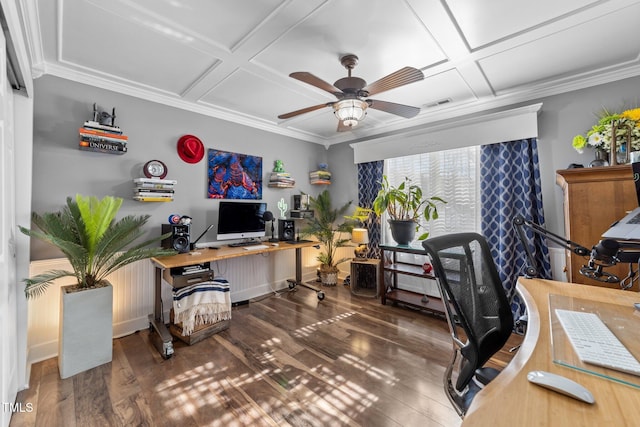 office space with visible vents, ornamental molding, wood finished floors, coffered ceiling, and a ceiling fan