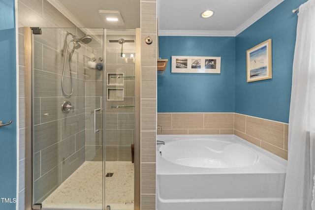 full bath featuring a garden tub, crown molding, and a stall shower