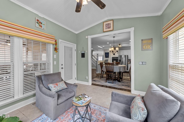 living room with light tile patterned floors, crown molding, and vaulted ceiling