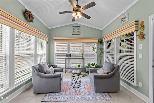 sunroom / solarium with a ceiling fan and lofted ceiling