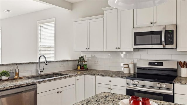 kitchen featuring stainless steel appliances, white cabinetry, a sink, and backsplash