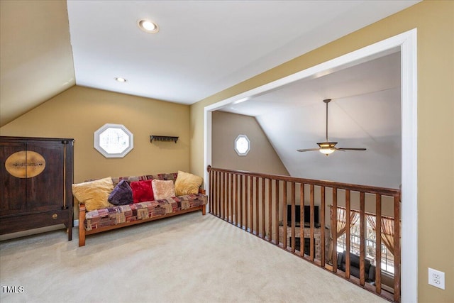 sitting room featuring carpet floors, ceiling fan, vaulted ceiling, and recessed lighting