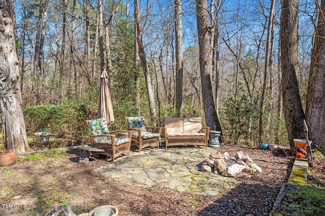 view of yard with a patio and a wooded view