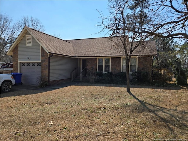 single story home with stone siding, roof with shingles, and an attached garage