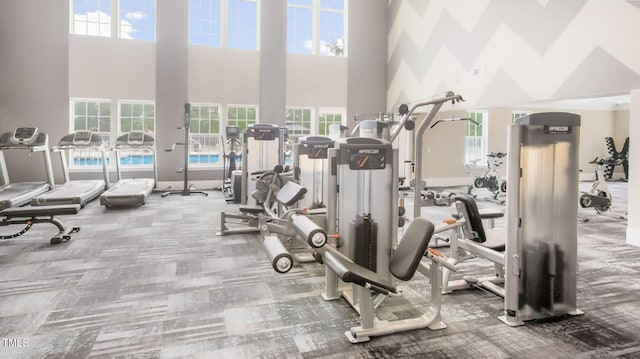 workout area with a towering ceiling