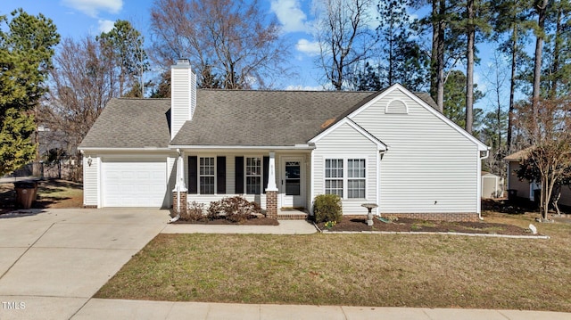 view of front of home with a chimney, a shingled roof, concrete driveway, a garage, and a front lawn