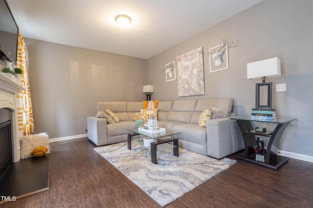 living room featuring wood finished floors, a glass covered fireplace, and baseboards