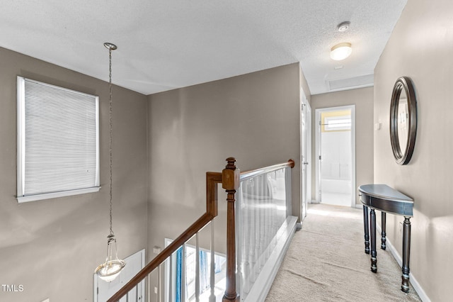 hallway with carpet floors, a healthy amount of sunlight, a textured ceiling, an upstairs landing, and baseboards