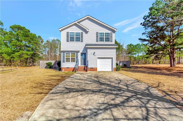 traditional home featuring driveway, a garage, crawl space, fence, and a front lawn