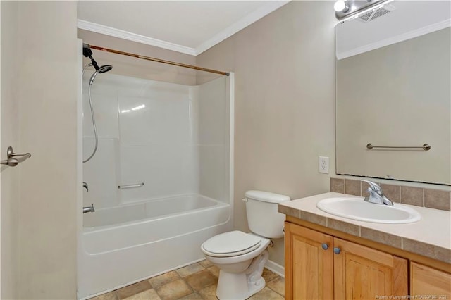 bathroom featuring crown molding, shower / bathtub combination, visible vents, toilet, and vanity