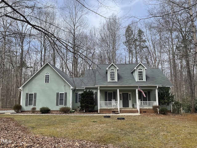 cape cod-style house with a porch, crawl space, and a front lawn