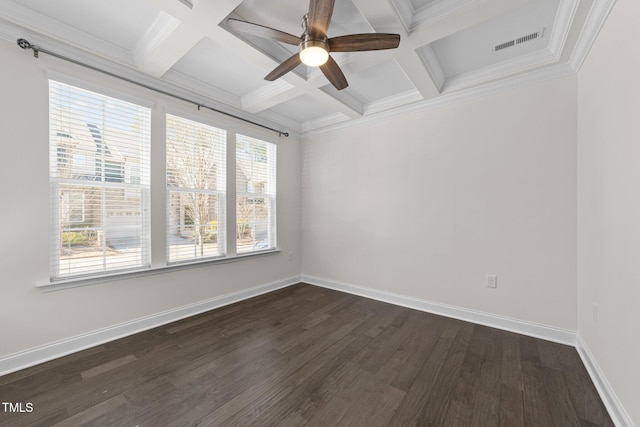 unfurnished room with baseboards, coffered ceiling, visible vents, dark wood-style flooring, and ornamental molding