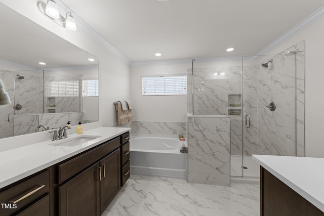 full bath featuring a bath, marble finish floor, a marble finish shower, and ornamental molding