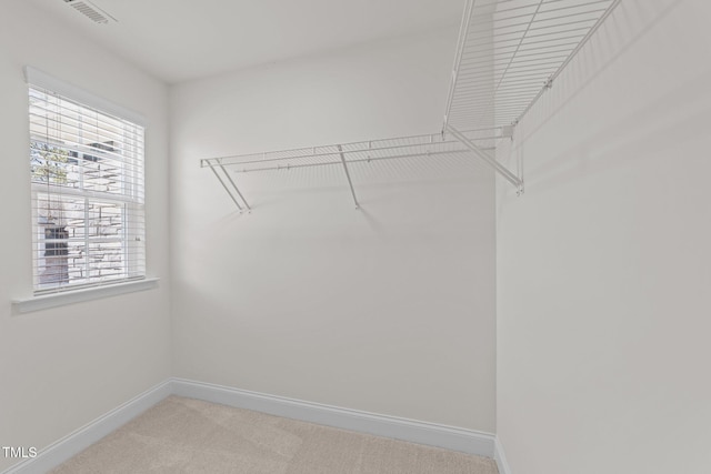 spacious closet with light carpet and visible vents