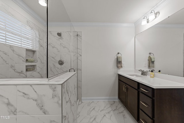 bathroom with marble finish floor, a marble finish shower, crown molding, baseboards, and vanity