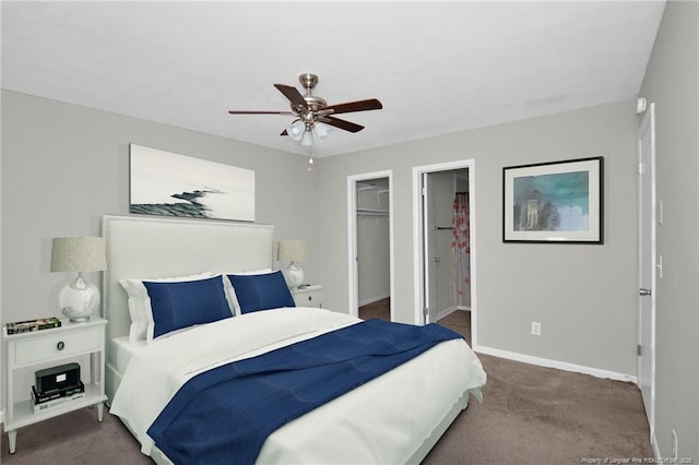 bedroom with ceiling fan, carpet floors, baseboards, a spacious closet, and a closet