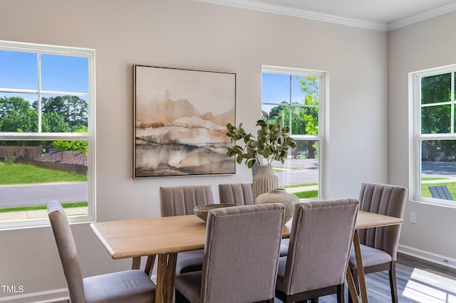 dining room featuring ornamental molding, plenty of natural light, wood finished floors, and baseboards