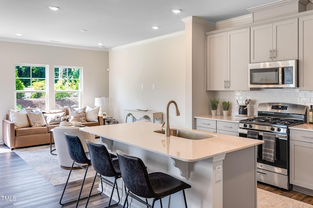 kitchen featuring a kitchen island with sink, stainless steel appliances, a sink, light wood finished floors, and tasteful backsplash