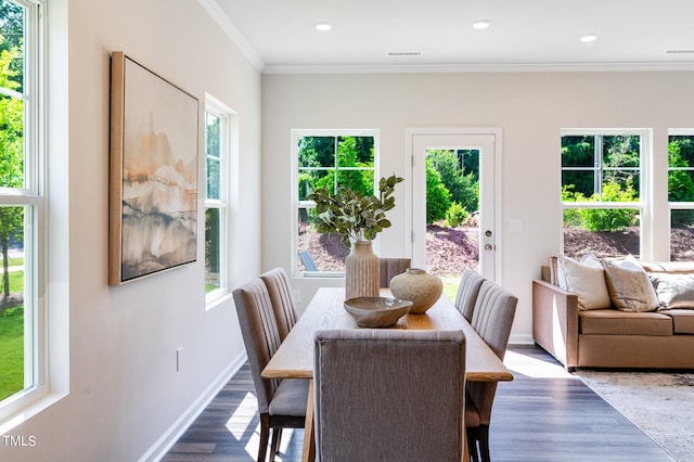 dining space with baseboards, plenty of natural light, ornamental molding, and wood finished floors