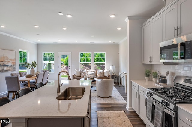 kitchen featuring open floor plan, stainless steel appliances, a sink, and a wealth of natural light