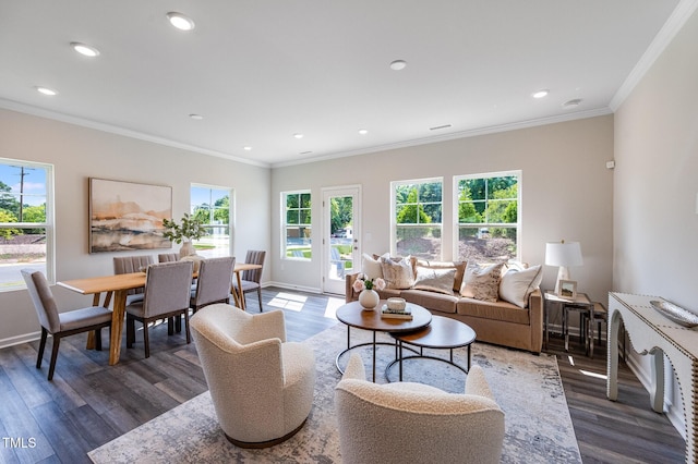 living area with plenty of natural light, baseboards, and wood finished floors