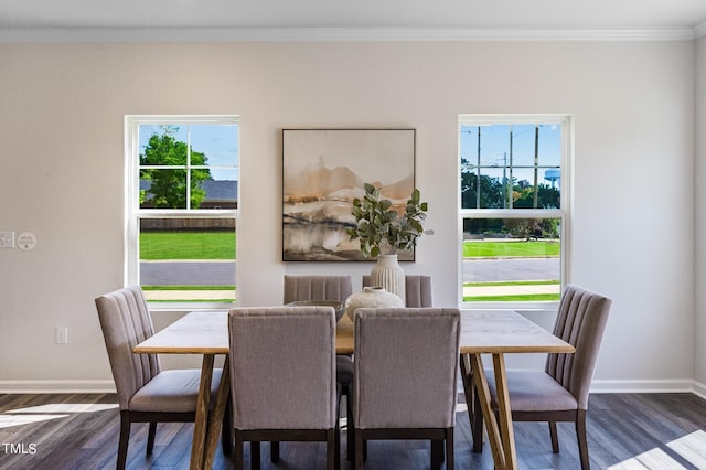 dining room with ornamental molding, a healthy amount of sunlight, baseboards, and wood finished floors